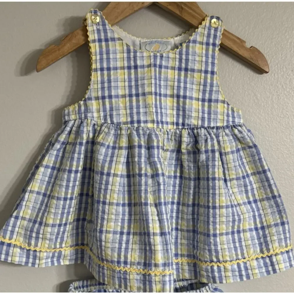 Welcome Home Baby Girl Dress Bloomers Set Size 3/6 Months Seersucker Sleeveless